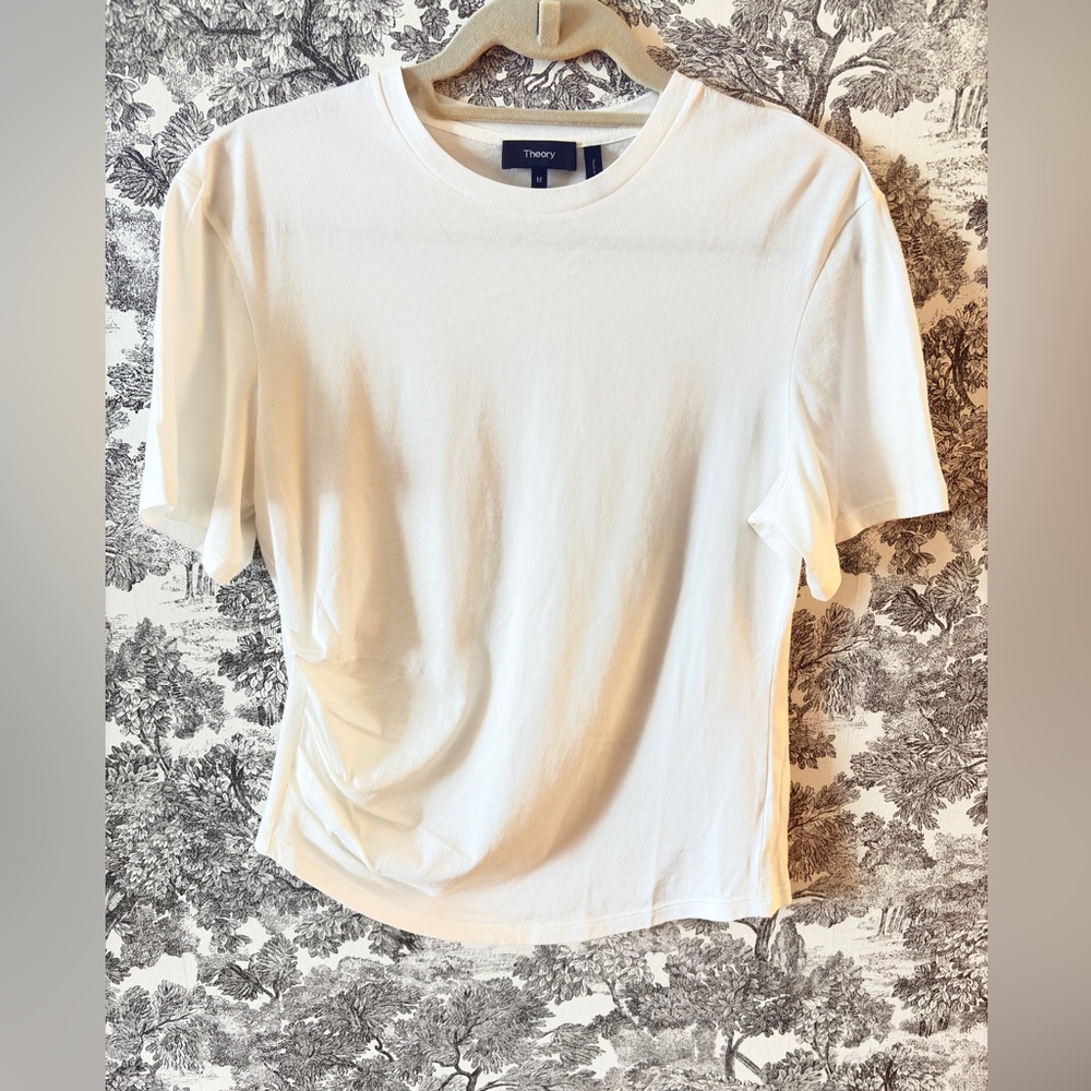Theory Women's Side Drape White Cotton Tee Top Shirt with Ruching Medium